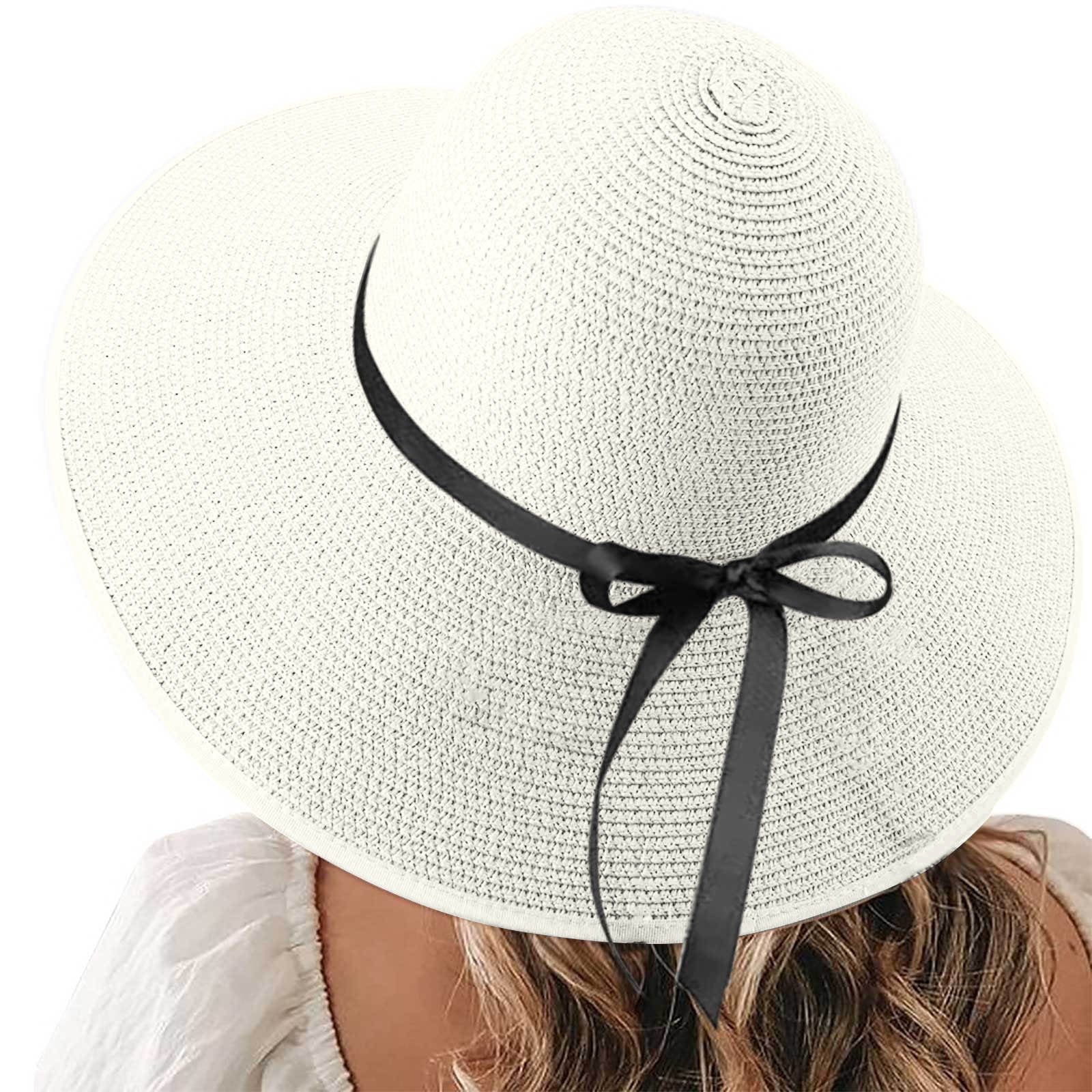 Fgnfyis Stylish Womens Summer Beach Hat with Wide Brim UPF Sun Foldable Floppy Straw Design White One Size