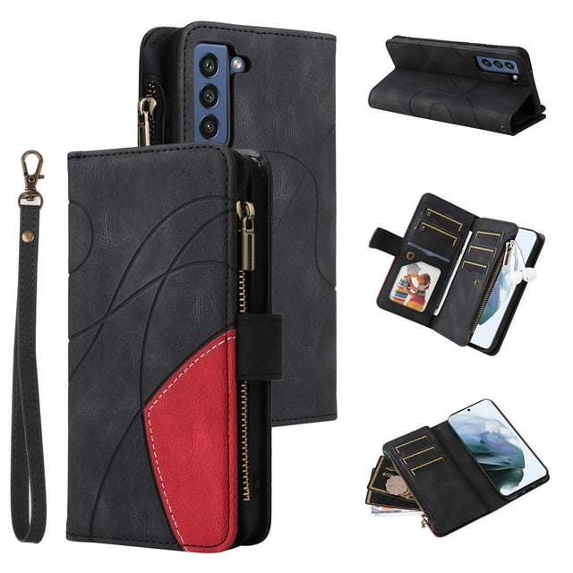 Compatible avec Samsung Galaxy S21 5G Étui Portefeuille avec Fentes pour Cartes en Cuir PU Fermeture Éclair Flip Folio