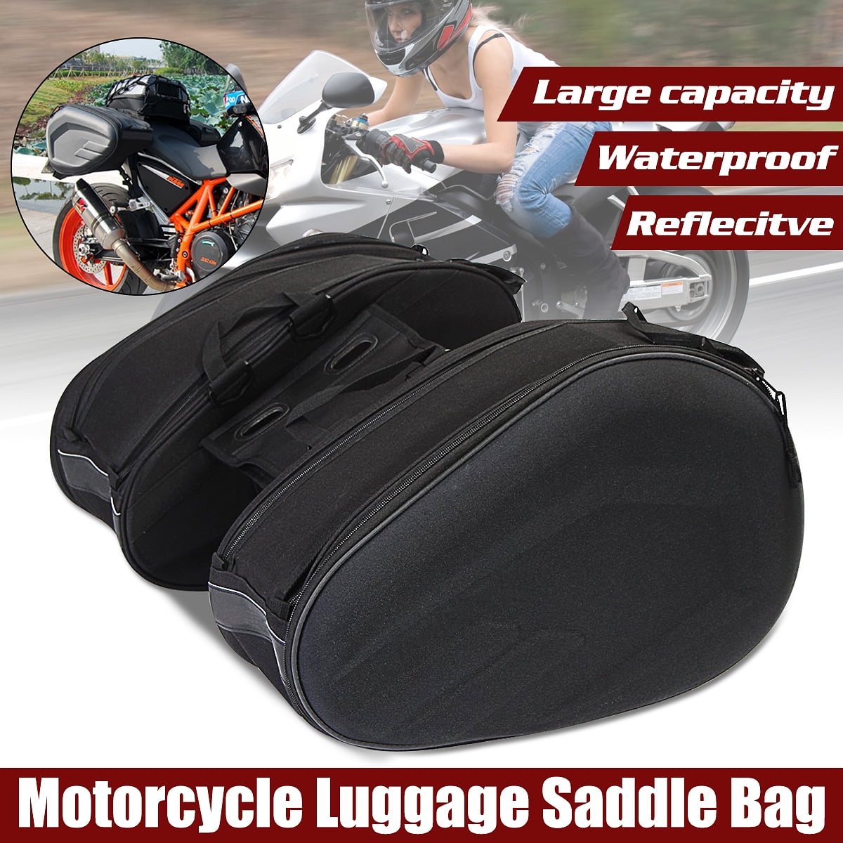 Universal Motorcycle Bike Scooter Pannier Pack Luggage Saddle Bags w/ Rain Cover