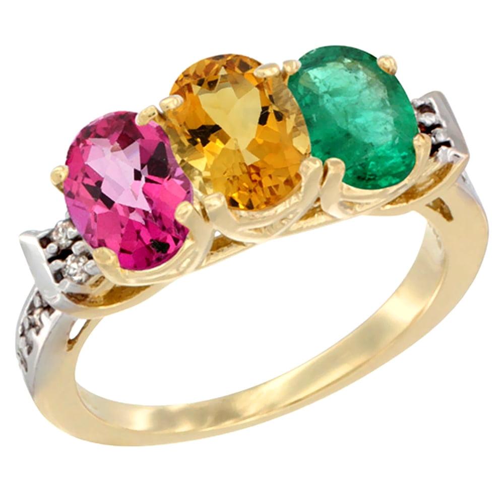 10K Yellow Gold Natural Pink Topaz, Citrine & Emerald Ring 3-Stone Oval 7x5 mm Diamond Accent, sizes 5 10 by WorldJewels