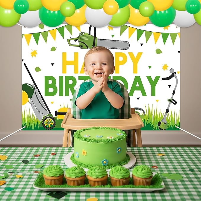80Pcs Lawnmower Birthday Party Decoration, Green Tractor Party Decor with Mower Backdrop Happy Birthday Green Balloon Garland Arch Kit for Boys Farm Themed Tractor Time Party Supplies