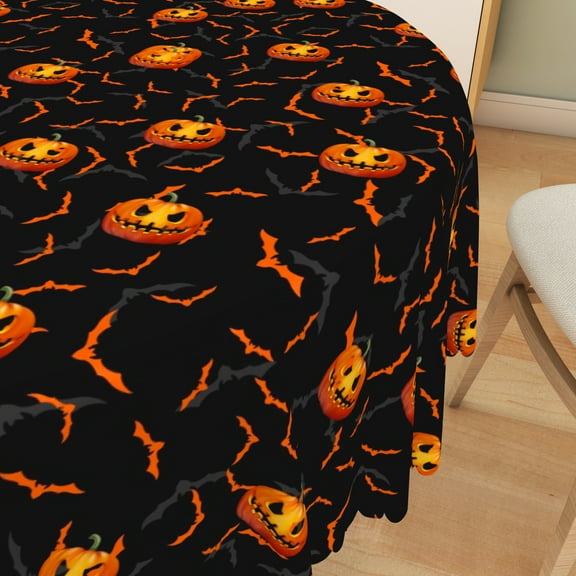 Lfeey Round Halloween Tablecloth, Black Pumpkin Light Bat, Halloween Party Table Decorations, 70 inch