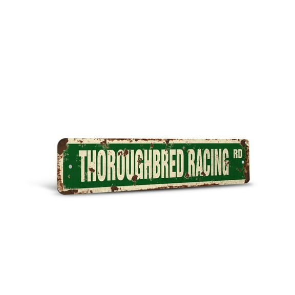 THOROUGHBRED RACING Vintage Style Rustic Street Sign – Race Racer Competition Horse Supplies Retro Decorative Wall Sign for Home, Bar, Garage, or Outdoor Use | 4" X 18" Aluminum Metal