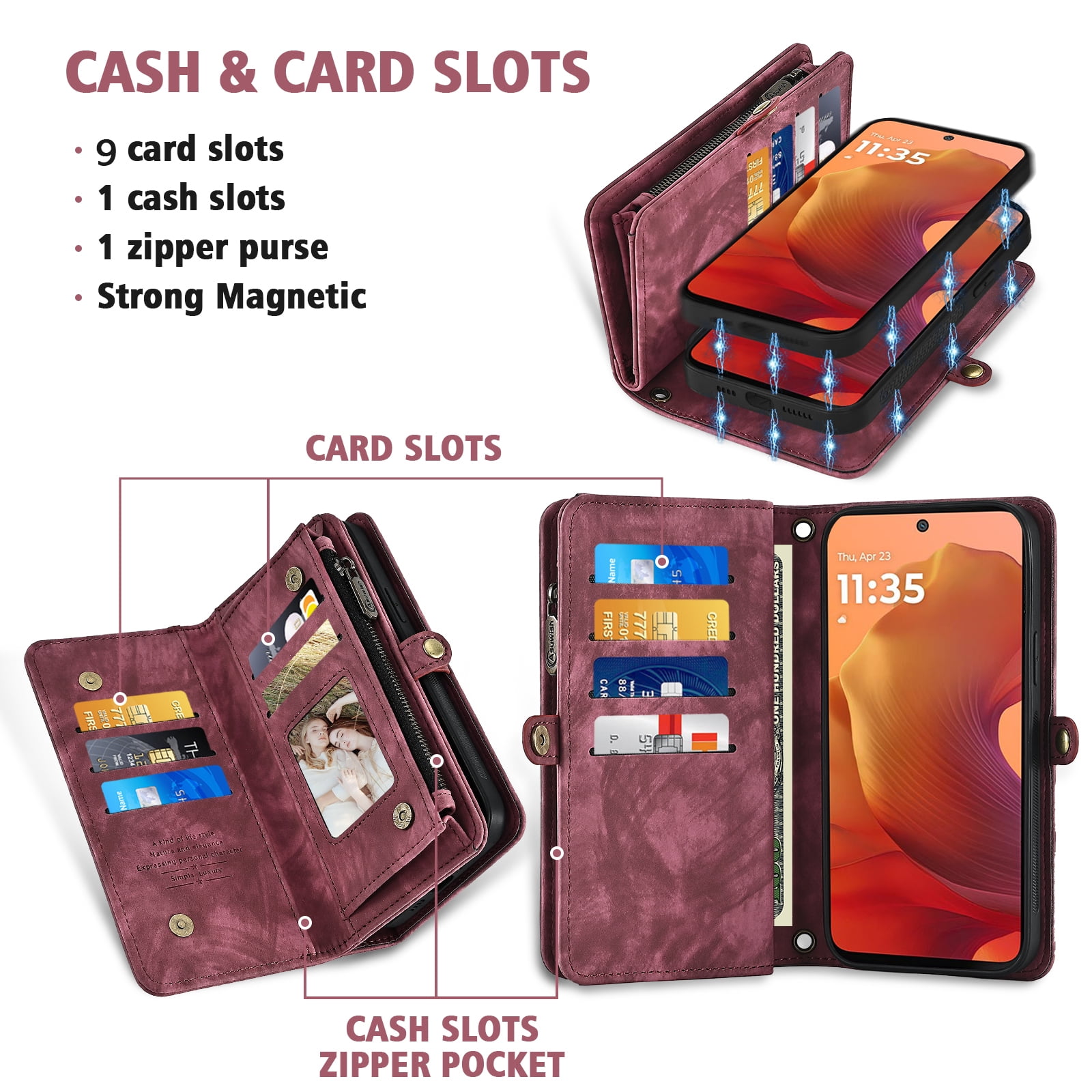 Asuwish Phone Case for Motorola Moto G15 4G Lte Zipper Wallet Detachable Cell Cover with Tempered Glass Screen Protector Crossbody Lanyard Strap Flip Card Holder MotoG15 G 15 XT2521-2 Women Girls Red