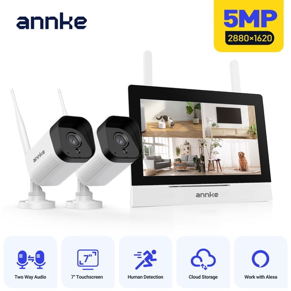 ANNKE 5MP Wireless Security Camera System with 7" Touchscreen Monitor, 4CH NVR & 2 Outdoor WiFi Cameras, 2-Way Audio, IP66, 100ft Night Vision