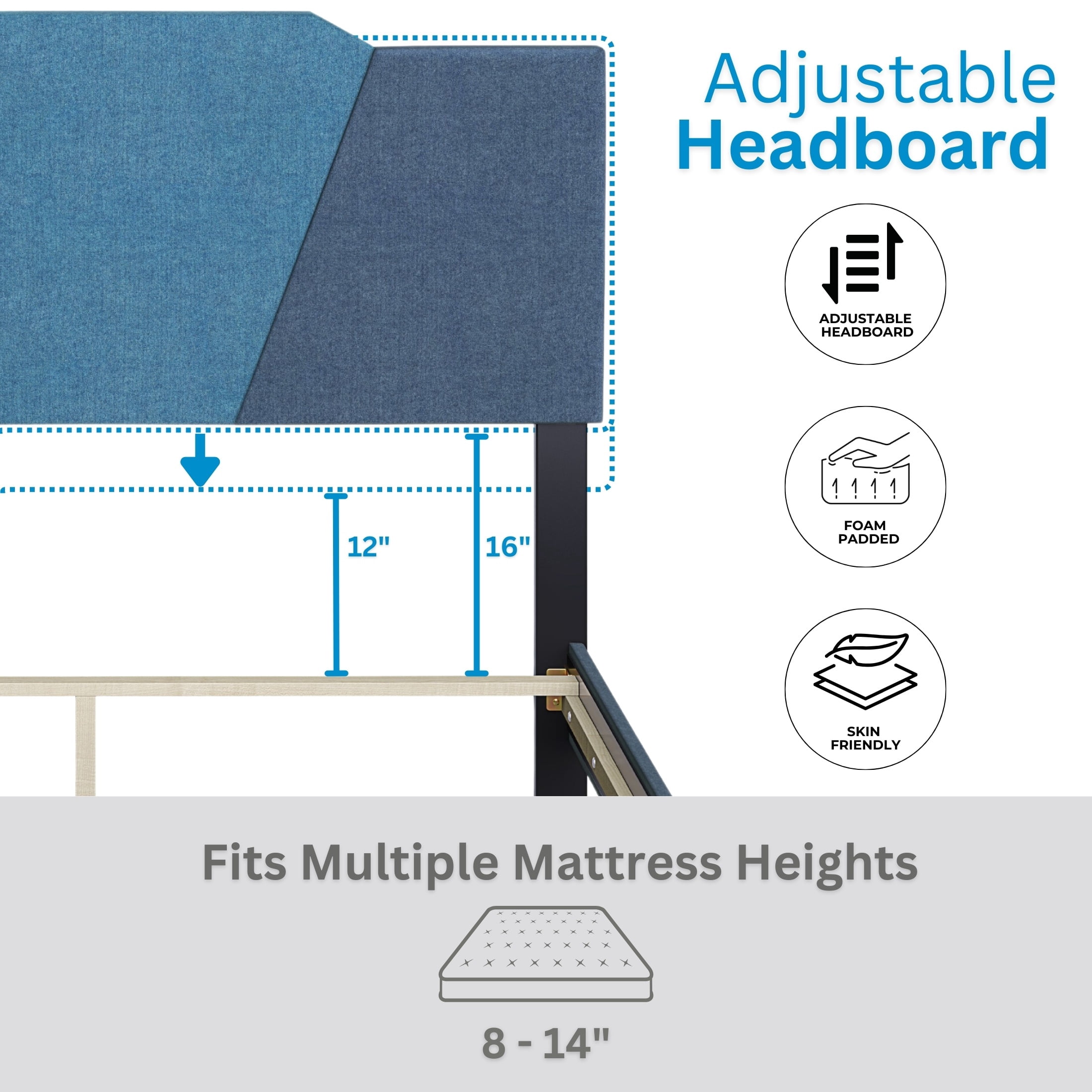 Boyd Sleep Tuscany Blue Linen King Size Fully Upholstered Platform Bed Frame with Adjustable Headboard, Qualified Box Spring or Foundation Required for Use