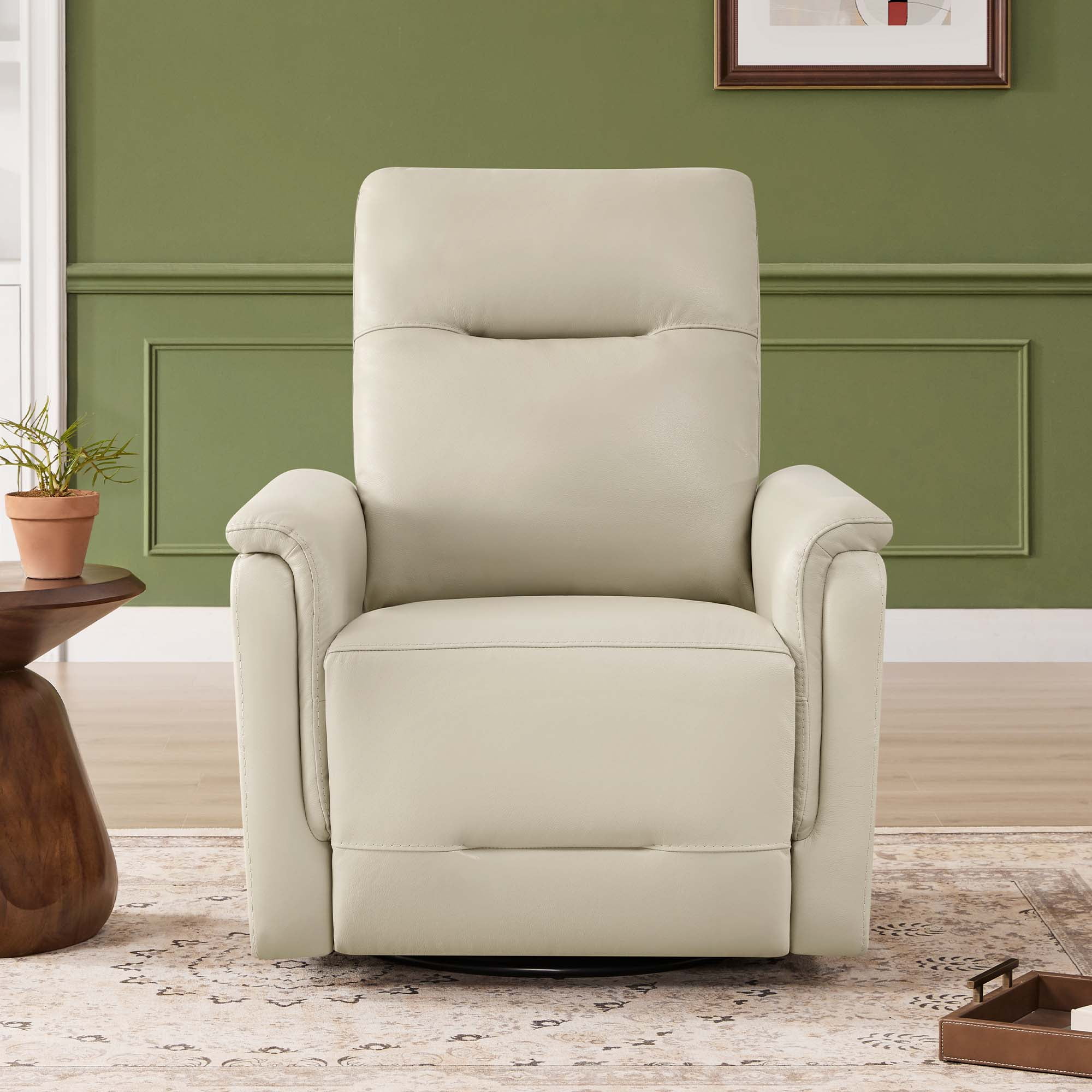 Spruce & Spring Genuine Leather Dual Motor Swivel Glider Recliner Chair, Light Grey