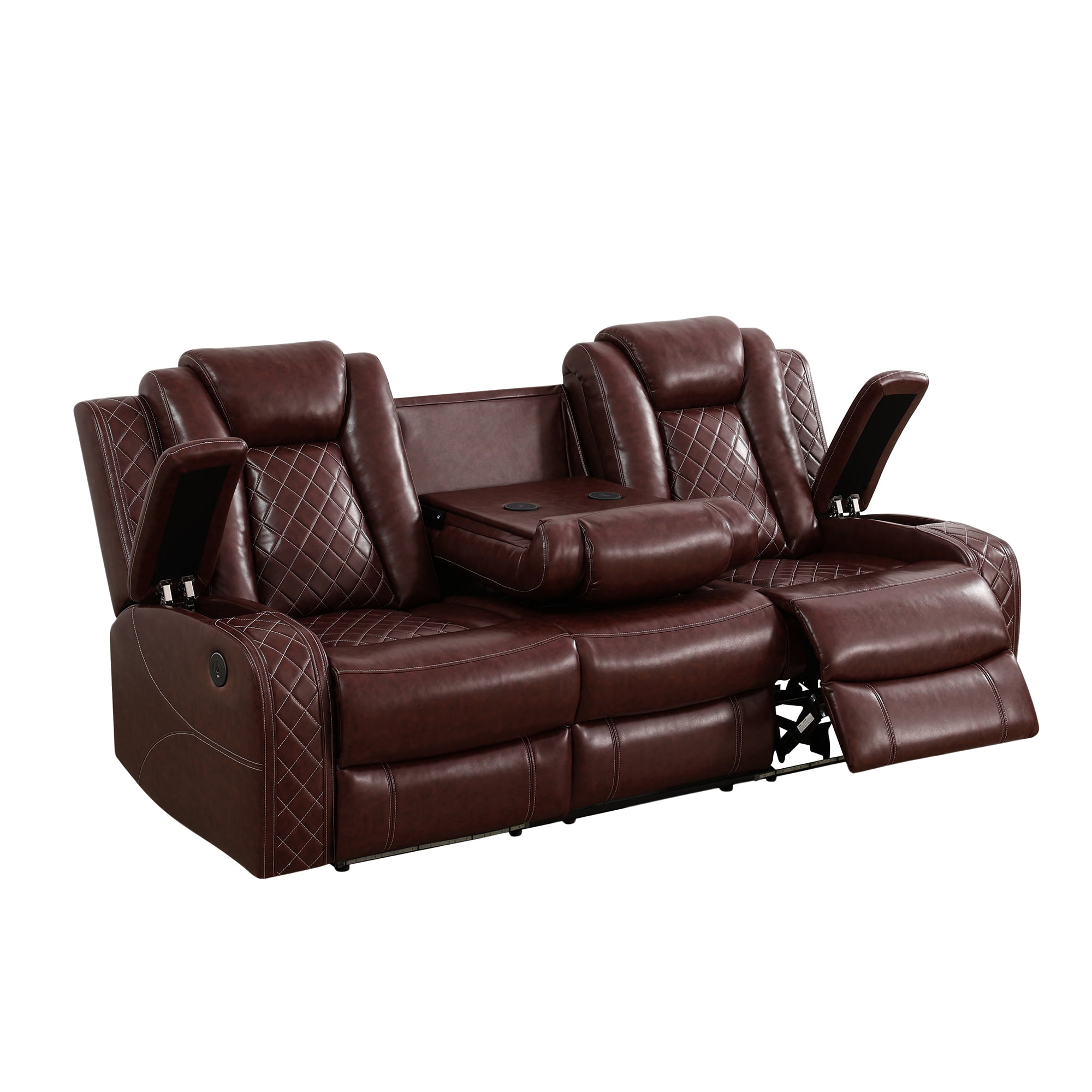 Gewnee Power Reclining Multifunctional Sofa with USB & Wireless Charging, Air Leather, Storage Console, Living Room,Reddish brown