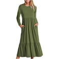 thumbnail image 1 of Liquidation! Hontri Robes pour Femmes 2024 Robe à Col Rond Plissée Unie à Manches Longues Évasée Décontractée Robes pour Femmes Vert Armée,TG, 1 of 4