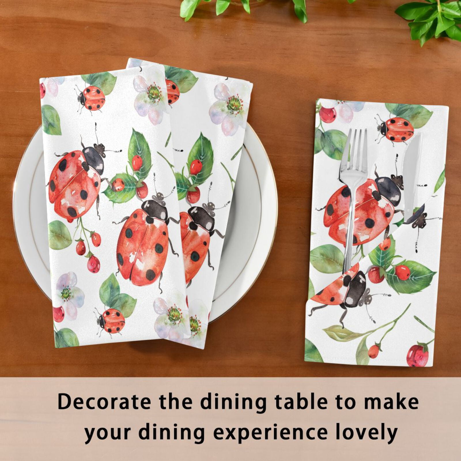 JSTEL Lady Bug Flower Leaf Cloth Napkins Set of 6, 20x20 Inch Washable and Reusable Napkin for Decoupage Dinner Party Everyday Use