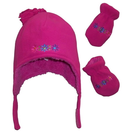 NICE CAPS Toddler Girls and Baby Sherpa Lined Flowers Embroidered Micro Fleece Hat and Mitten Winter Snow Cold Weather Headwear Accessory Set - Fits Little Kids Children and Infant Sizes