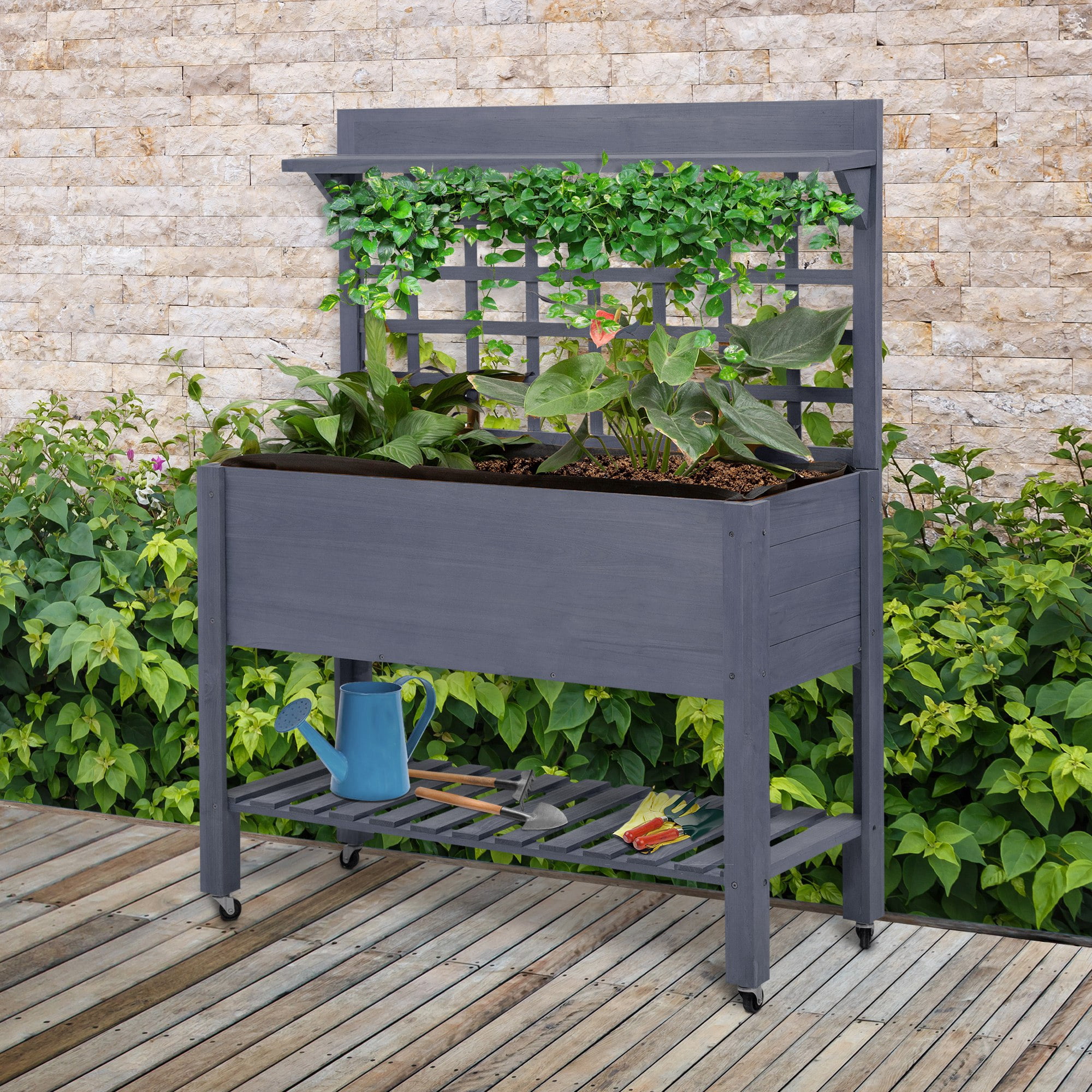 AsterOutdoor 41" Raised Garden Bed with Trellis on Wheels, Wooden Elevated Planter Box with Legs & Liner for Flowers, Herbs & Vegetables, Gray