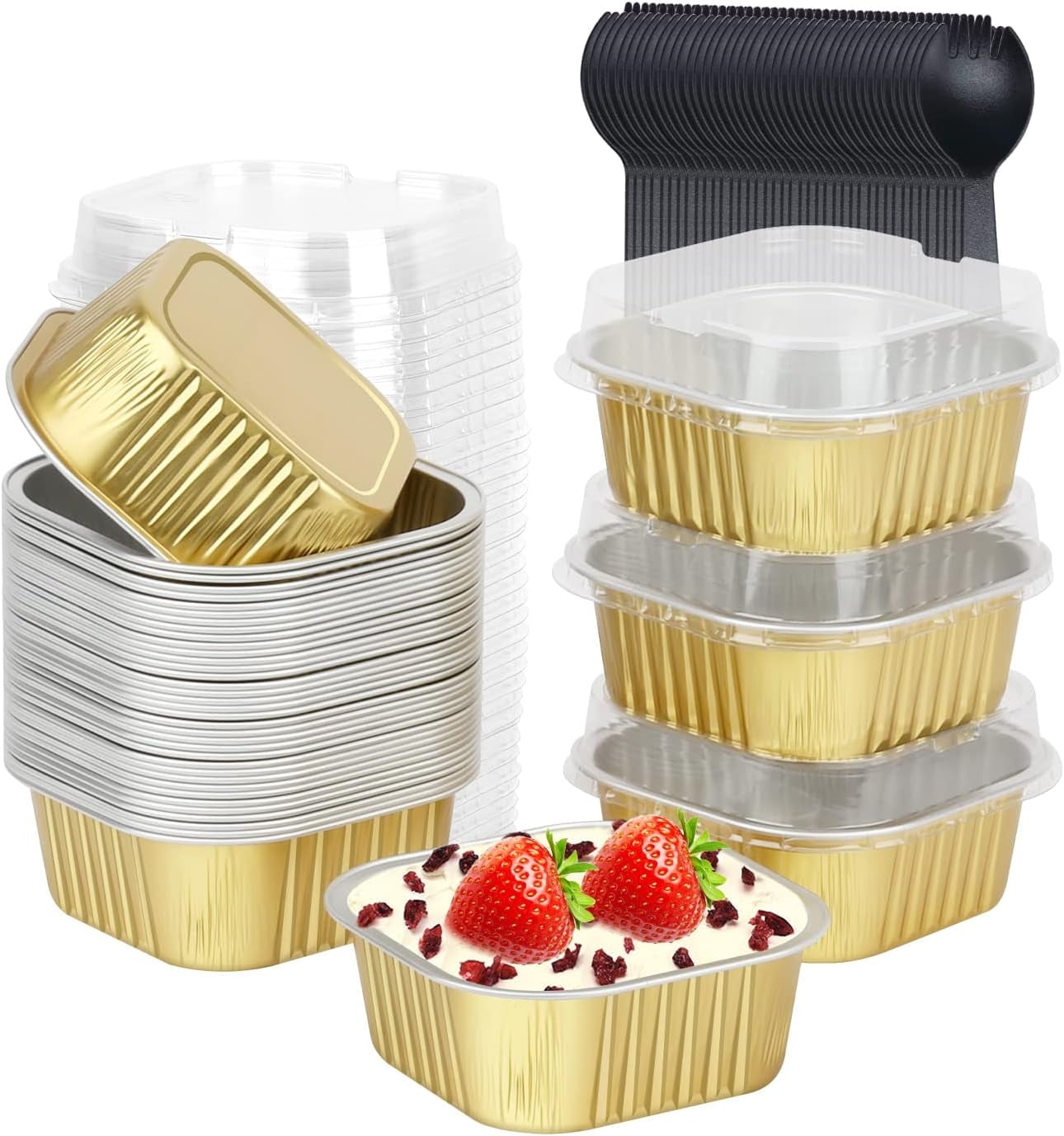 40 Pack Mini Square Cake Pans With Lids - 10oz Aluminum Foil Baking Cups, Disposable