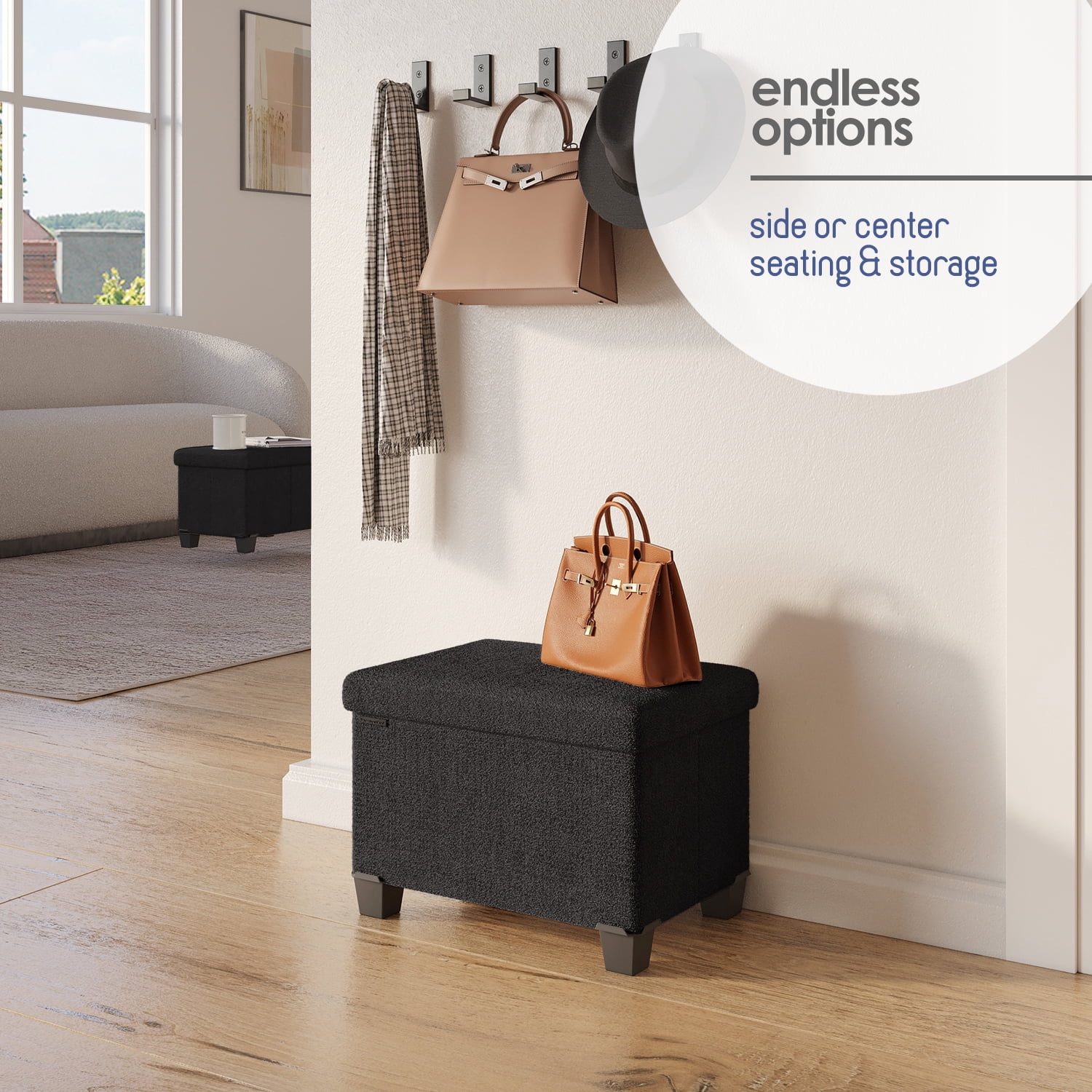 Hearth & Harbor Storage Ottoman Bench, Boucle 16" Ottoman with Storage , Black
