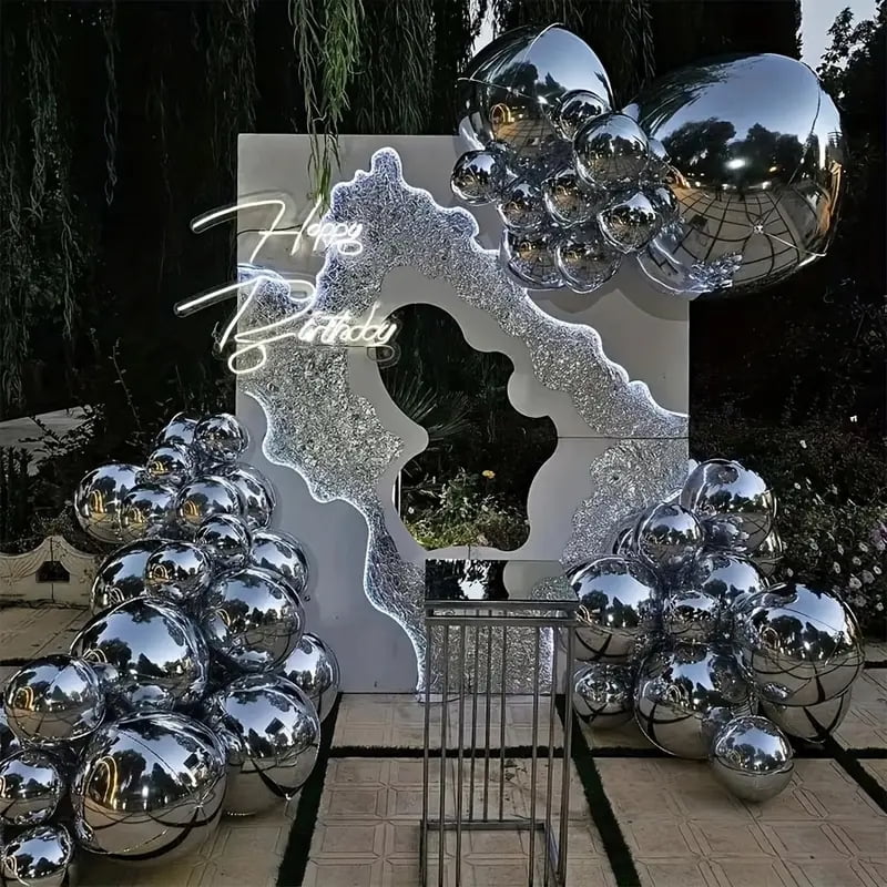 18pcs Silver Mirror Ball Balloon Set - Metallic Reflective Party Decorations with 18 Sizes, Mixed Colors, Perfect for Weddings, Birthdays, Christmas