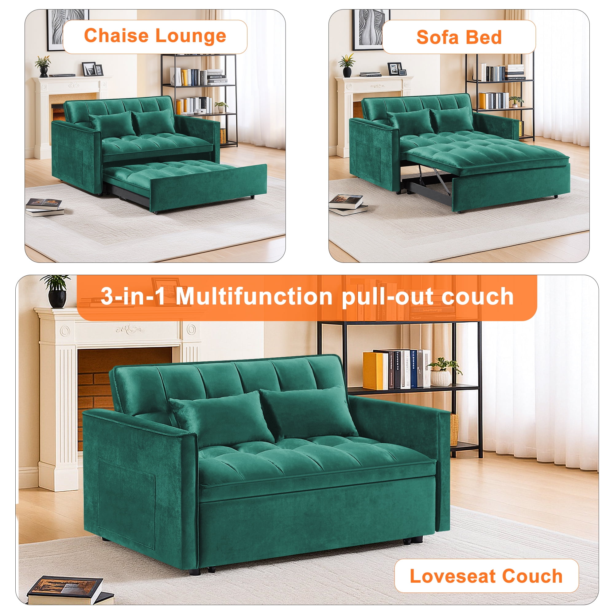 Demi Bonn 3 in 1 Convertible Sleeper Sofa Bed with Side Pocket, Adjustable Backrest Velvet Futon Couches for Living Room, Pull Out Couch, Loveseat, Green