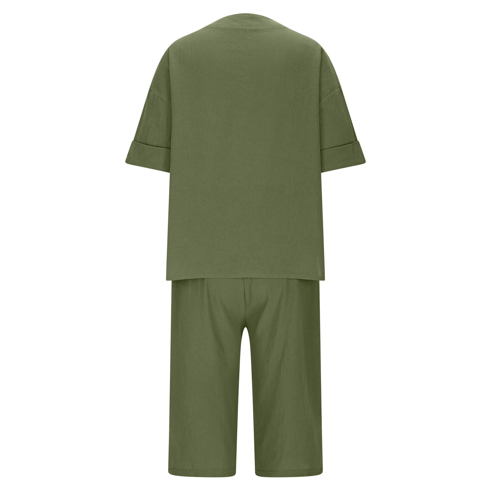 Set 2 Pièces Femme Haut sans Manches Pantalon à Poches en Coton et Lin Chemise Boutonnée Short à Taille élastiquée Cordon De Serrage Ensemble De Vacances Décontracté pour La Plage