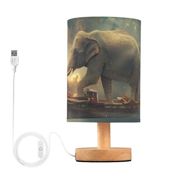Elephant Starry Sky Ship Table Lamp USB Bedside Desk Nightstand Lamp Printed Gifts Small Lamp Wood Base for Bedroom Living Room Kids Room College Dorm