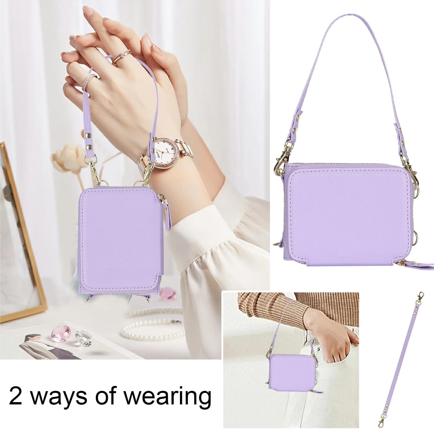 REQO Phone Case for Motorola Razr 40/Moto Razr 2023 Wallet Cover with Credit Card Holder Zipper Slot Shoulder Crossbody Strap Lanyard RFID Blocking Mobile TPU Cell Purse XT2323-6 Women Girls Purple