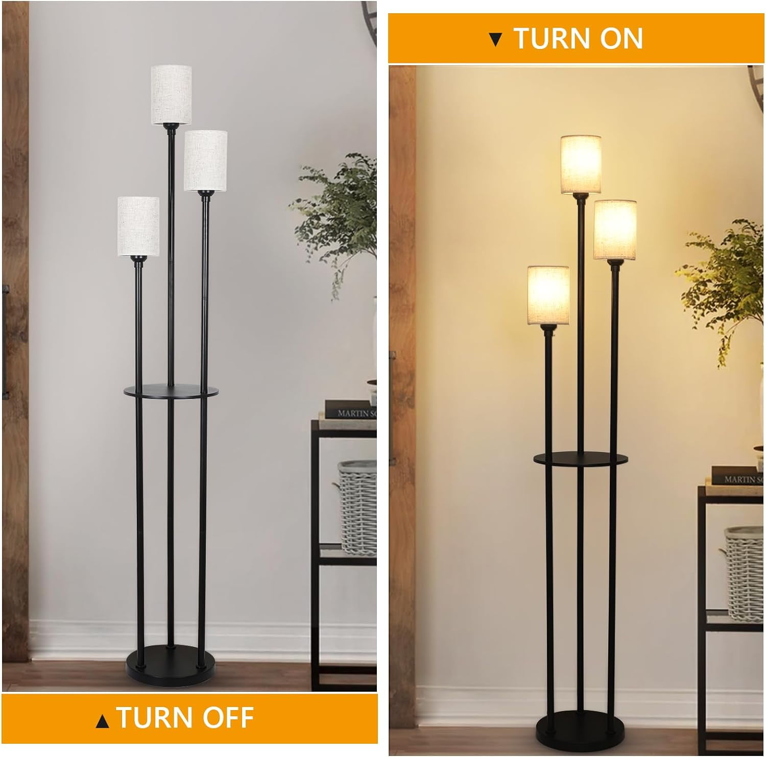 Lighting Fixtures Floor Lamp with Shelves, Modern Floor Lamps for Living Room, 3-Lights Standing Lamp with Linen Shade and Foot Switch, Industrial Standing Lamps for Bedroom, Black Tall Table Lamp fo