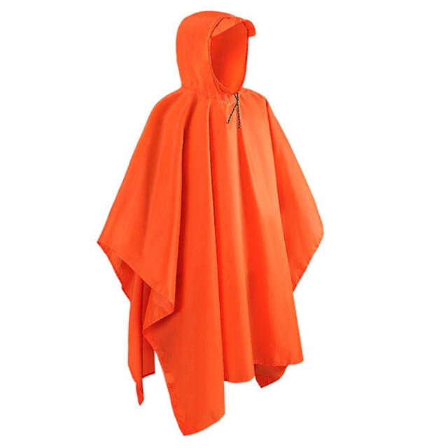 Poncho de Pluie à Capuche Imperméable Manteau de Pluie pour Hommes Femmes Adultes de Couleur orange Vif. Fabriqué en polyester PU à Haute Densité 210T Enduit 3000mm, Ce Poncho Offre une protection Ultime contre les Fortes Pluies et les Vents Puissants. Il Comprend un Ajusteur de Cordon Intégré sur la Capuche, des Attaches sur les Côtés pour un Ajustement Sécuritaire, et une Poche Poitrine Scellée pour Ranger de Petits Articles comme des Téléphones Ou des Clés. le design Grand Offre une Couverture Complète, Accueillant les Adultes avec un Sac à Dos de 50L, le Rendant