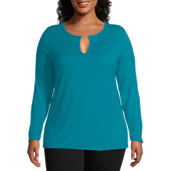Just My Size Women's Plus Split Neck Long Sleeve Tee
