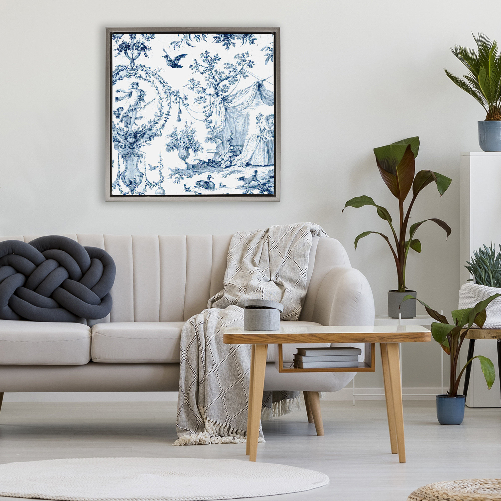 Classic Toile Scene Gray Framed Floater Canvas Wall Art, design by Vintage Hustle