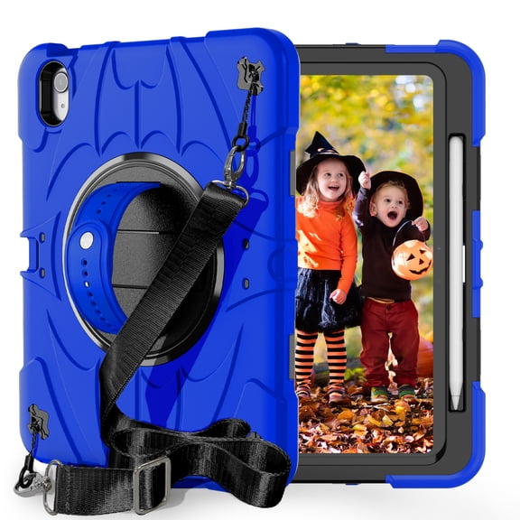 For iPad Air 11"(2024) Case,Kids Friendly,With Rotatable Adjustable Hand Strap,Retractable Kickstand,Shoulder Strap,Kids Friendly,Shockproof Anti-fall Rugged Heavy Duty Case,Blue