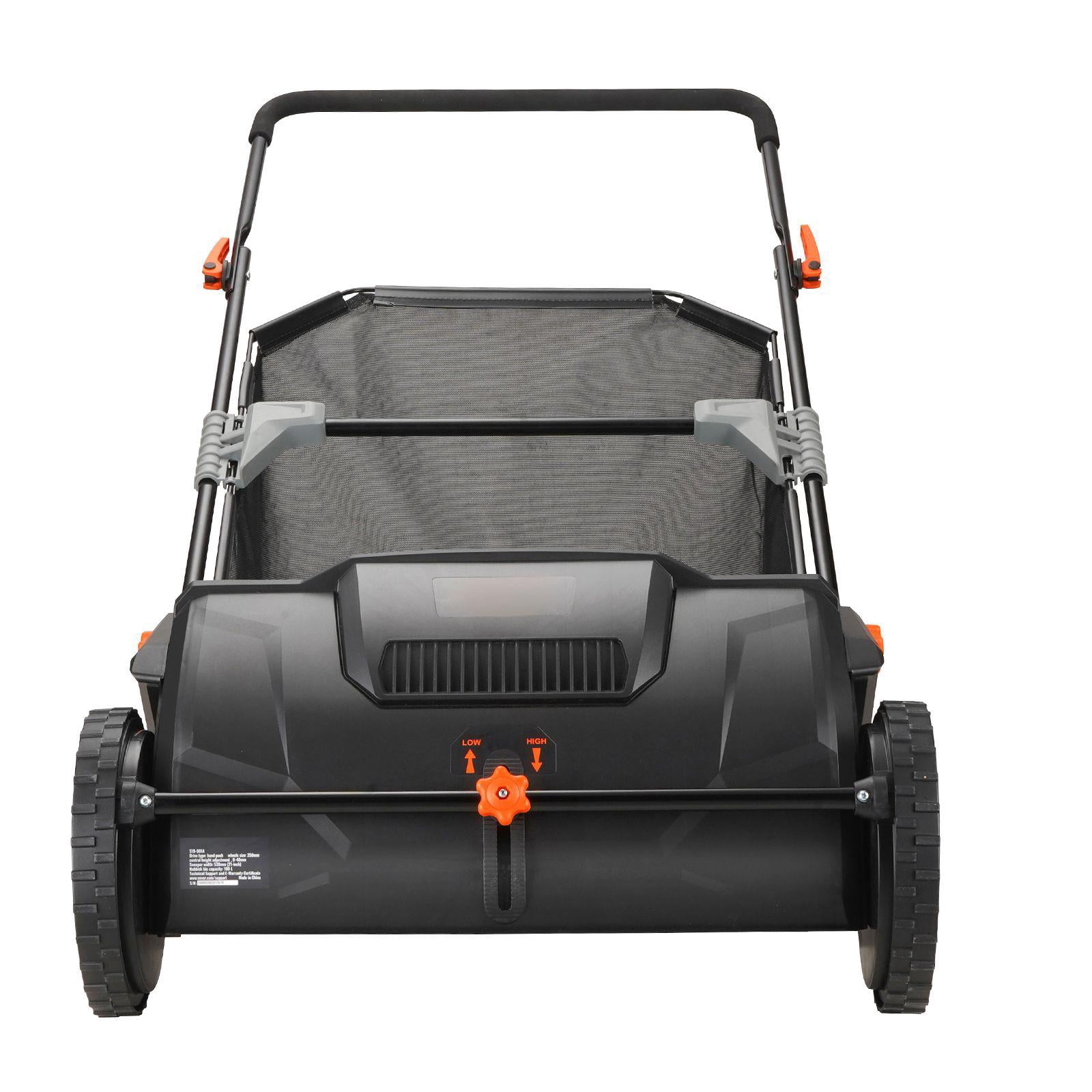 21 Inch Push Lawn Sweeper with 3.5 Cubic Foot Mesh Bag Heavy Duty Steel Construction Plastic Wheels Rotating Brushes