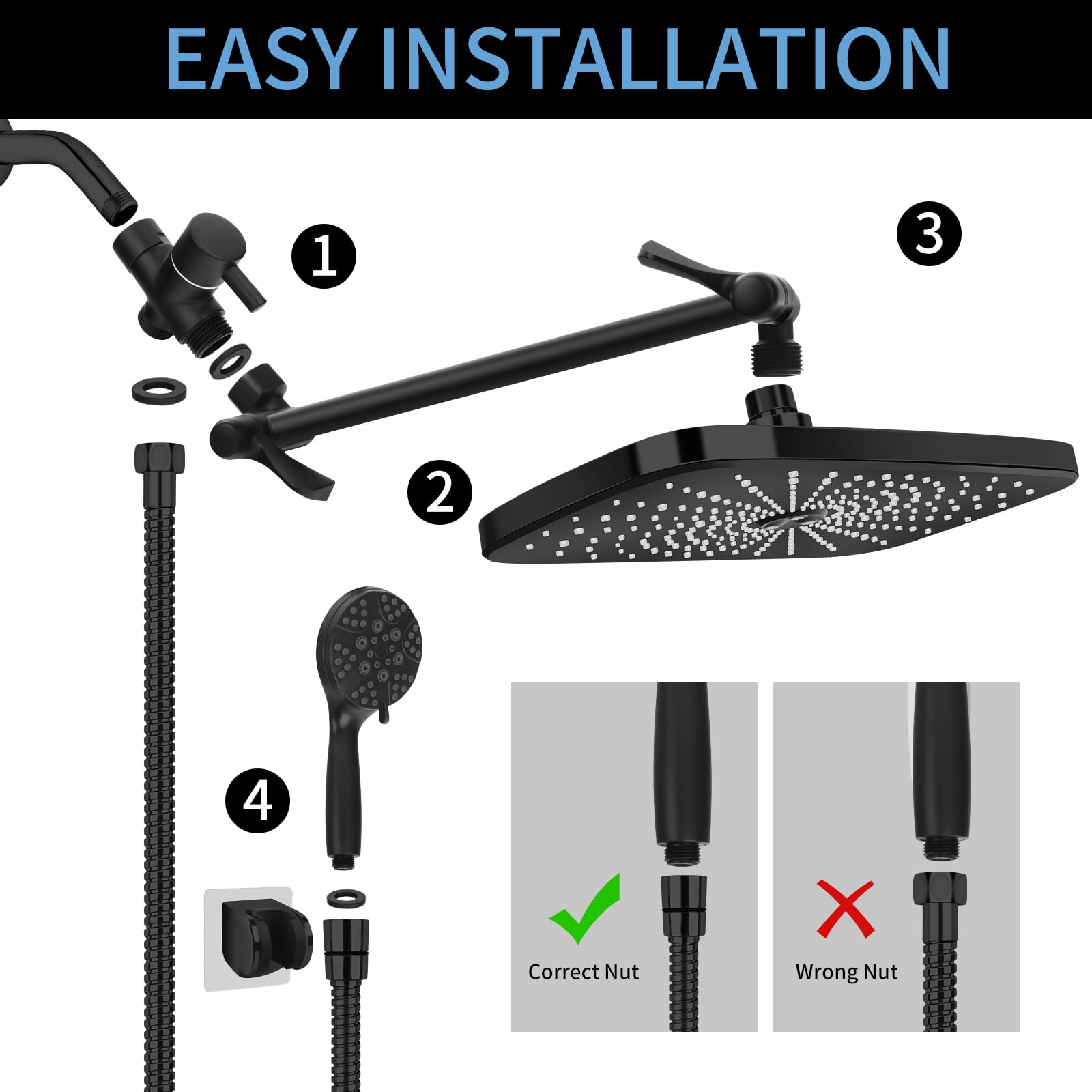 PHANCIR 12 Inch Rain Shower Head Combo, High Pressure Rainfall with Ajustable Extension Arm, 7 Modes Handheld Showerhead for Bathroom, Black