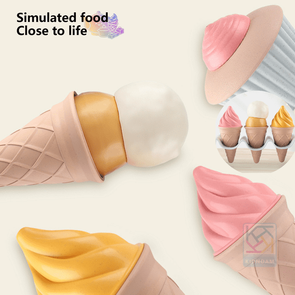 Kids Pretend Ice Cream Playset with Waffle Cone Holder, Simulation Ice Cream Scoop and Cupcake Props, Dessert Shop Pretend Play House Toys, Vendor Role Play Toy for Kids Ages 3 and Up