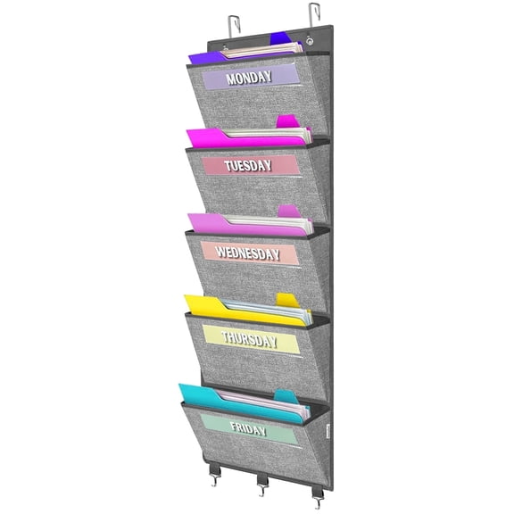 homyfort Over the Door hanging File Organizer, Weekly Hanging File Folders, Wall Organizers and Storage for Mail, Magazine, Notebooks, Office, Classroom, 5 Large Pockets, 50.39” Tall, Grey