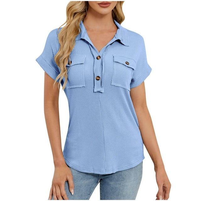 Timegard Hauts d'Été pour Femmes Col à Revers Col en V Boutons Manches Courtes Chemises Confortables Décontractées Blouse