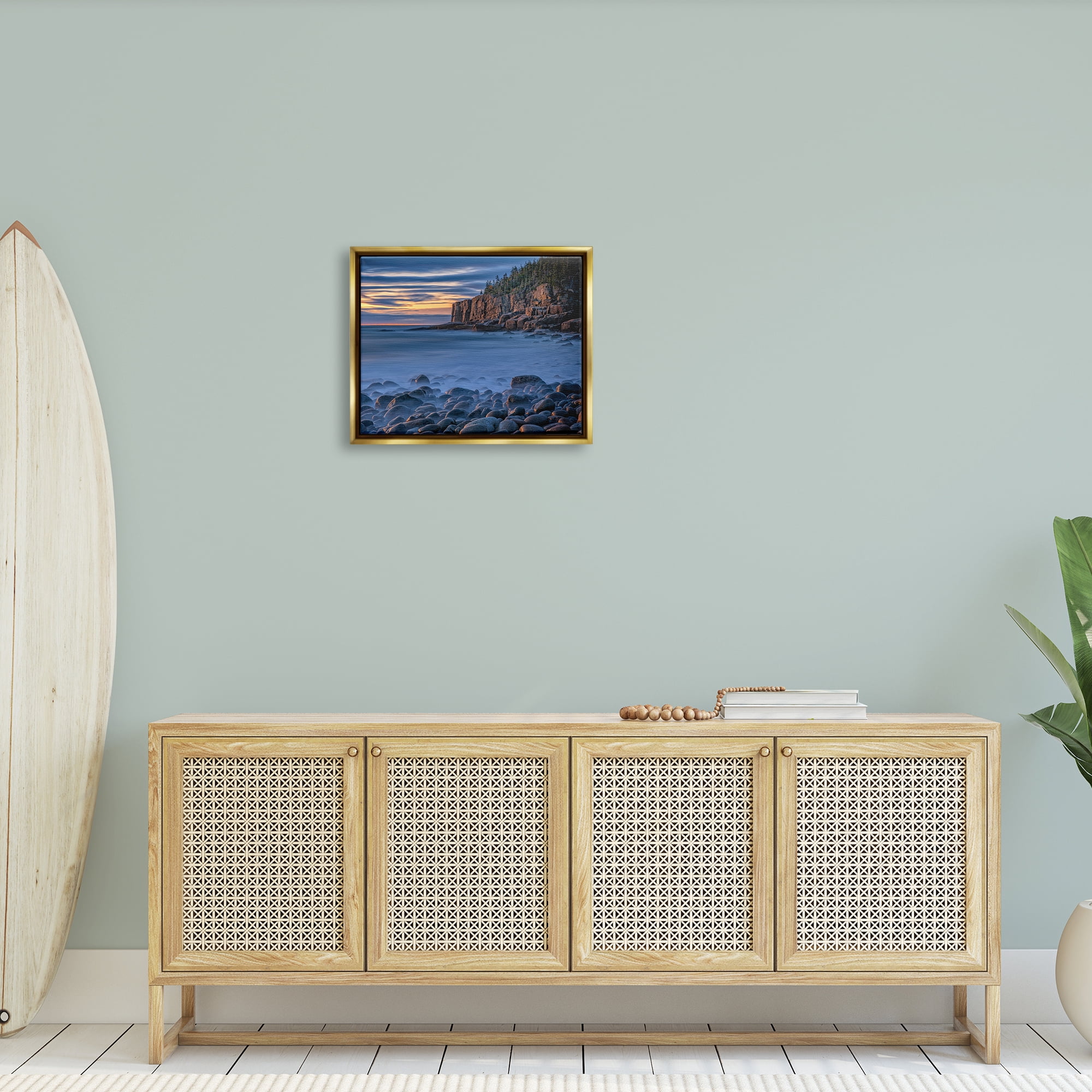Stupell Foggy Seaside Rocks at Sunset Landscape Photography Gold Floater Framed Art Print Wall Art