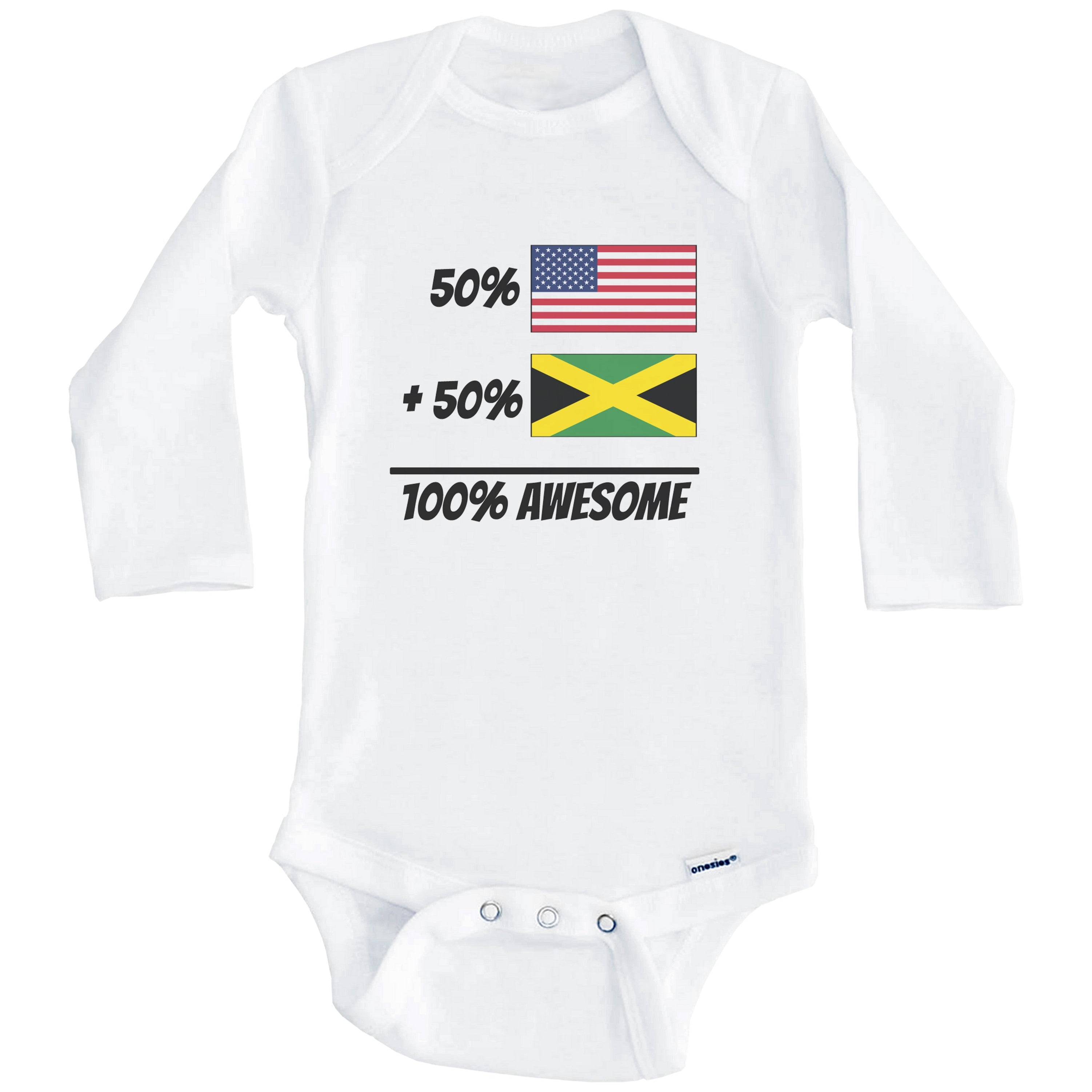 50% American Plus 50% Jamaican Equals 100% Awesome Cute Jamaica Flag One Piece Baby Bodysuit (Long Sleeve), 3-6 Months White