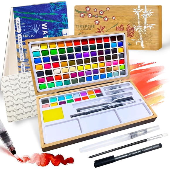 Set de pintura de acuarela TIKSPCAE, caja de bambú de 100 colores