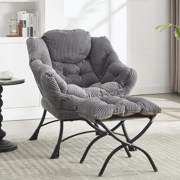 MOONMISS Corduroy Upholstered Oversized Lazy Chair with Folding Ottoman and a Side Pocket-Gray
