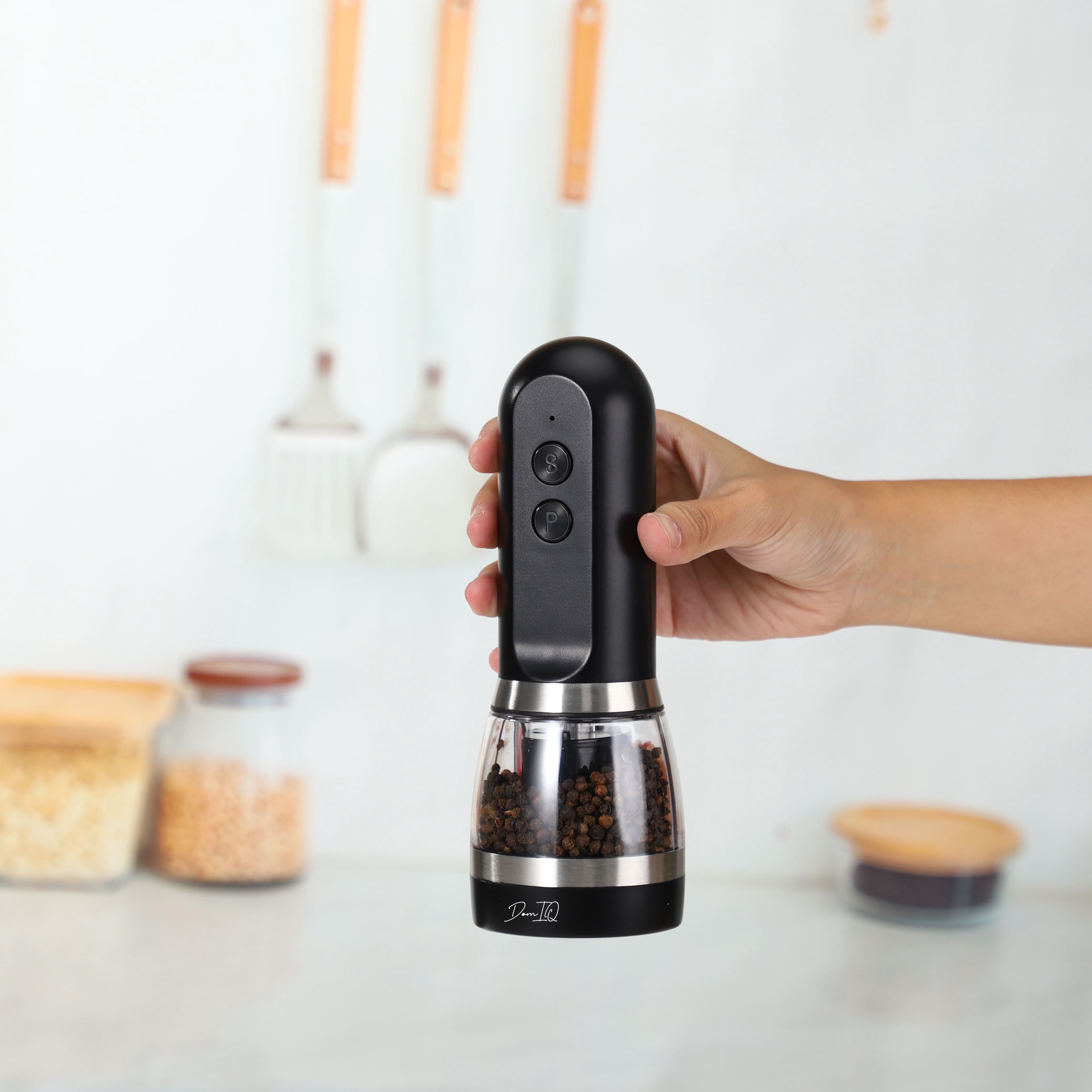 Electric Salt and Pepper Grinder Mill 2 in 1 - USB-C Rechargeable with Adjustable Coarseness, All in One Ceramic grinder with LED Light, One-Handed Operation, Refillable Compartments, Black