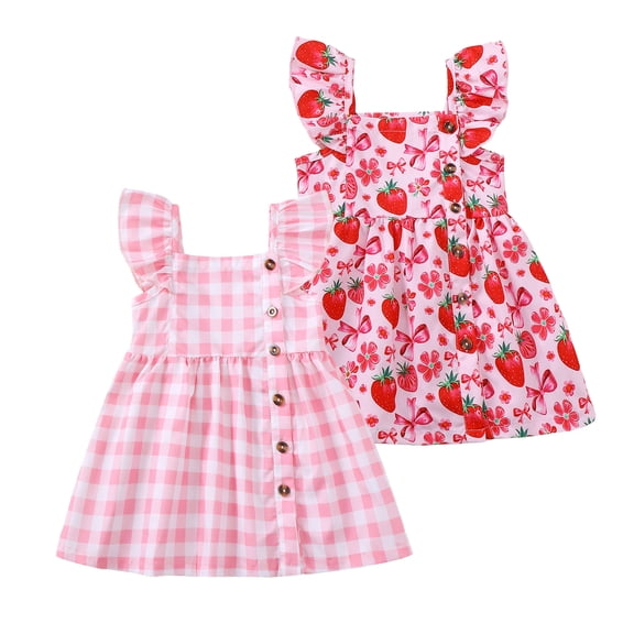18 Months Baby Girls Dress 24 Months Girls 2PCS Sleeveless Dress Infant Girls Plaid Dress Toddler Girls Summer Floral Dress Pink and Red