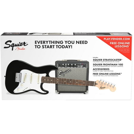 Learn to Play Squier Stratocaster Electric Guitar Starter Pack, Black, with Amplifier and Gig