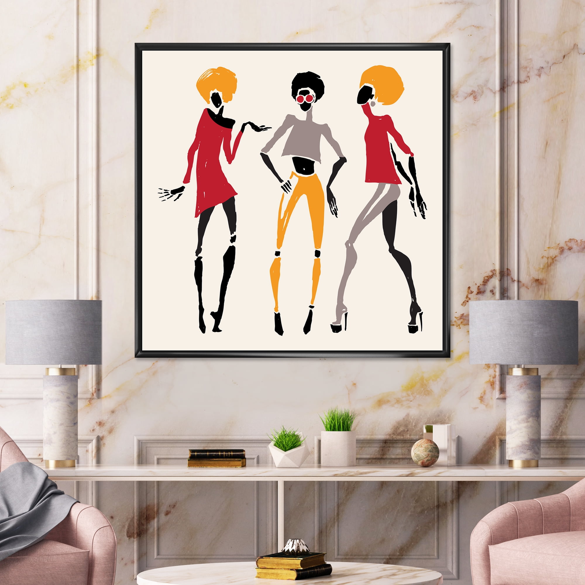 Designart 'African American Women Silhouettes Red and Yellow I' Modern Framed Canvas Wall Art Print