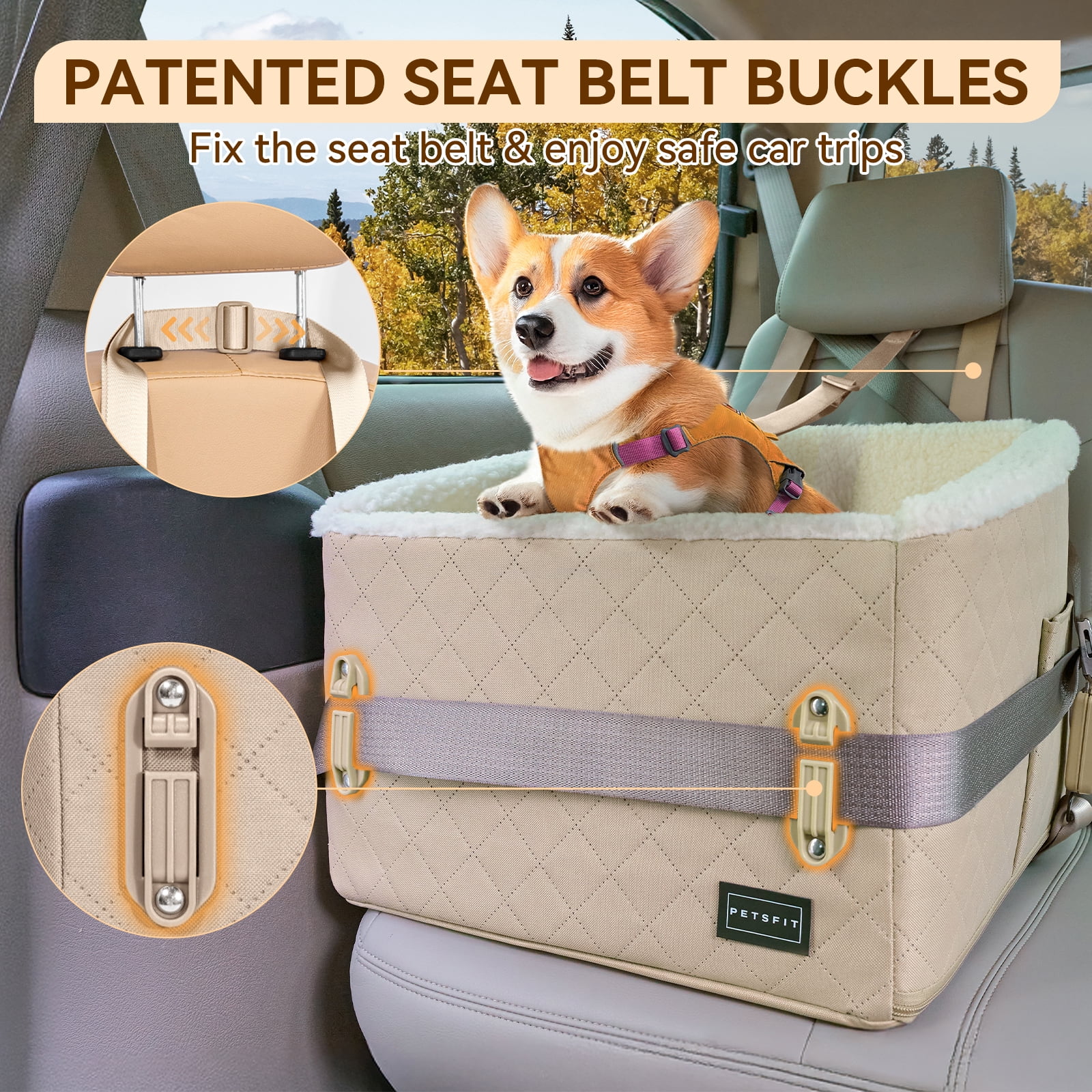 PETSFIT Small Dog Booster Car Seat, Patented Safety Buckles, Detachable Clip-On Safety Leash,Under 30 LBS (Khaki)