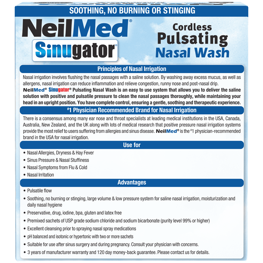 NeilMed Sinugator Cordless Pulsating Nasal Irrigator (Dual Speed) with 30 Premixed Packets and 3 AA Batteries - Black