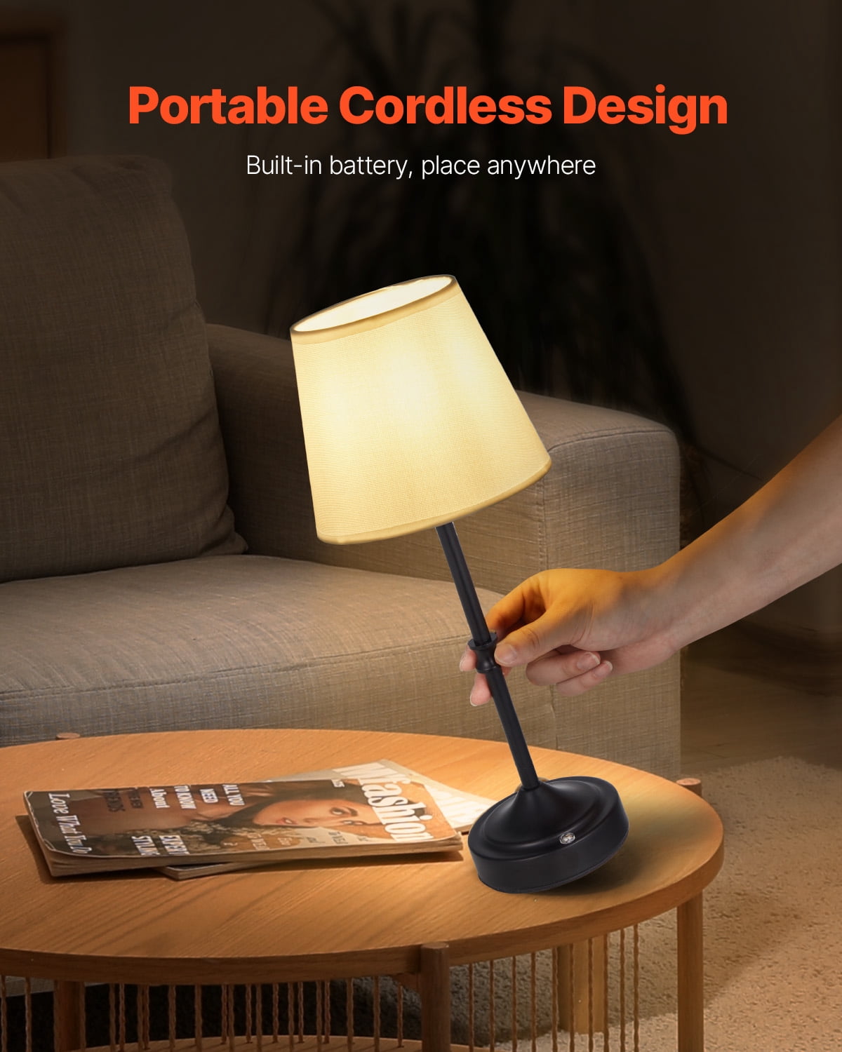 VEVOR Cordless Table Lamp, 2 Pack, 5200mAh Built-in Rechargeable Battery Desk Lamp, 3-Level Brightness, Fabric Shade, 2700-3000K Color Temperature, Table Light for Restaurant, Bedroom, Bars, Black