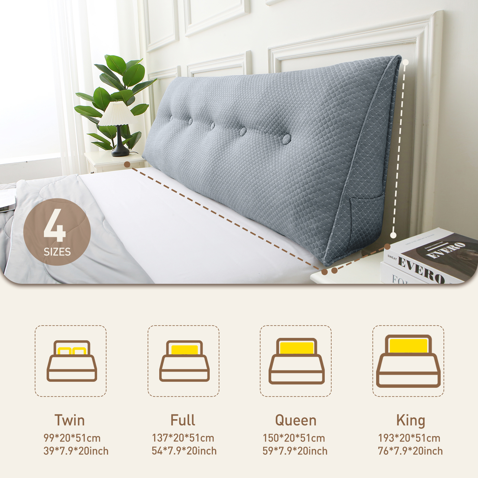 Wedge Headboard Pillow King, Triangular Wedge Pillow Headboard, Wedge Headboard Pillow for Bed Sofa, Daybed Pillows for Sitting up, Reading or Working with Removable Cover, Blue Grey