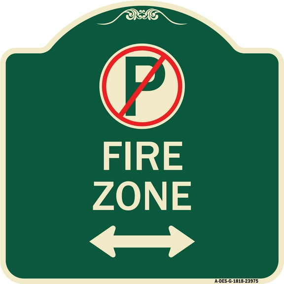 SignMission Designer Series Sign - Fire Zone (No Parking Symbol and Arrow Pointing Left and Right) | Green & Tan 18" X 18" Heavy-Gauge Aluminum Architectural Sign | Made in the USA