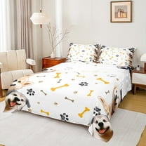 jejeloiu Puppy Dogs Paws Bed Sheets,Kawaii Dog Animals King Sheets,White Brown Yellow Sheet Set For Boys Kids,Breathable Home Decor,4-Piece