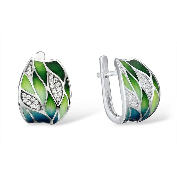 Santuzza 925 Sterling Silver Bamboo Leaves Dangle Earrings Cubic Zirconia Handmade Enamel Leaf Pattern Earrings for Women