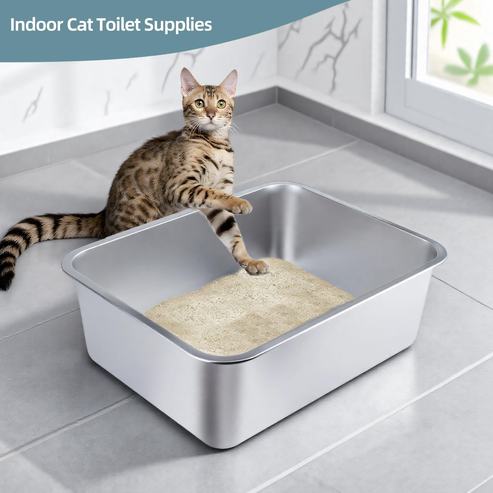 Stainless Steel Cat Litter Box - Large Metal High-sided Pan For Cats  Pets Non-stick Odor-free Easy To Clean Splash-proof Durable (17.7" L X 13.8" W 6" H)