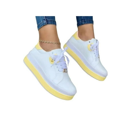 

Ferndule Women Sneakers Lace Up Flats Non Slip Walking Shoes Casual Comfort Sneaker Running Skate Shoe Fashion Lightweight Yellow 9